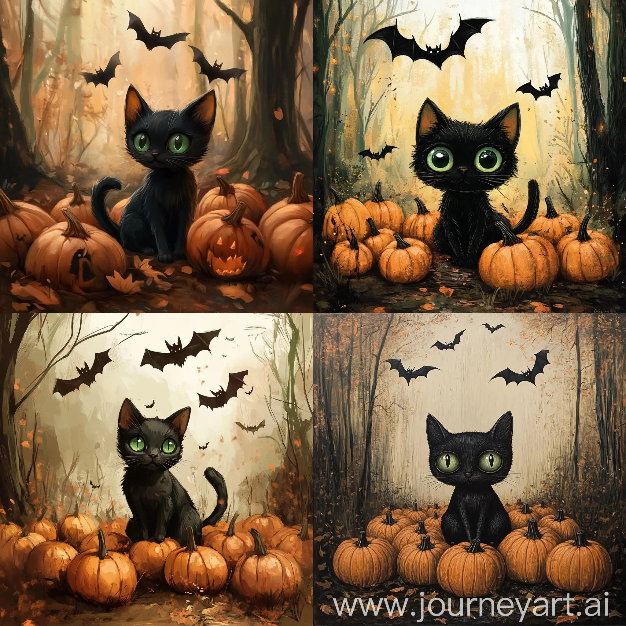 Black-Cat-Surrounded-by-Pumpkins-and-Bats-in-Forest-Scene