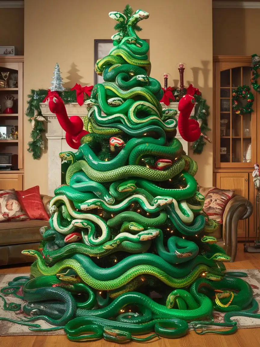 Unique-Christmas-Tree-Made-of-Snakes-with-Snake-Toy-Decorations