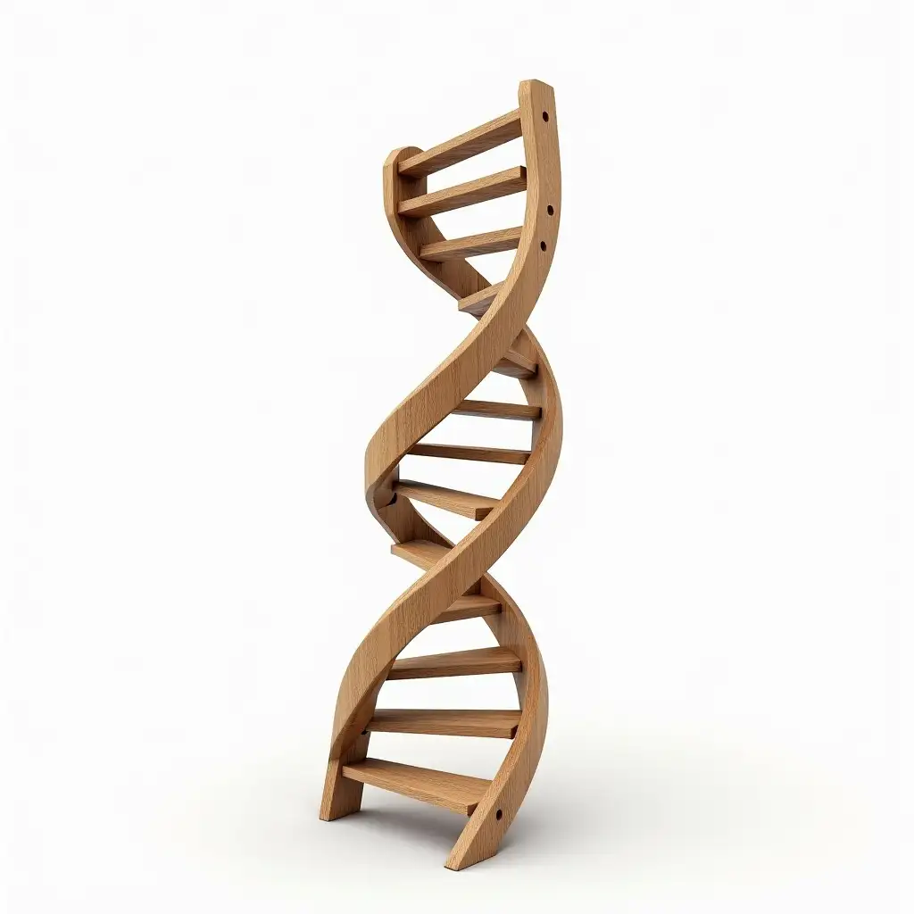 Create a surreal image of a ladder made of wood, designed to resemble a DNA helix. The ladder’s steps are intricately twisted like the double-helix structure of DNA, with the rungs resembling the strands of nucleotides. The wood should have a realistic texture, with visible grain and natural imperfections, adding an organic feel to the structure. The background should be completely white, creating a clean and minimalistic contrast that emphasizes the unique design of the ladder. The lighting should highlight the wood’s texture and the spiraling, DNA-inspired shape, adding depth to the surreal fusion.