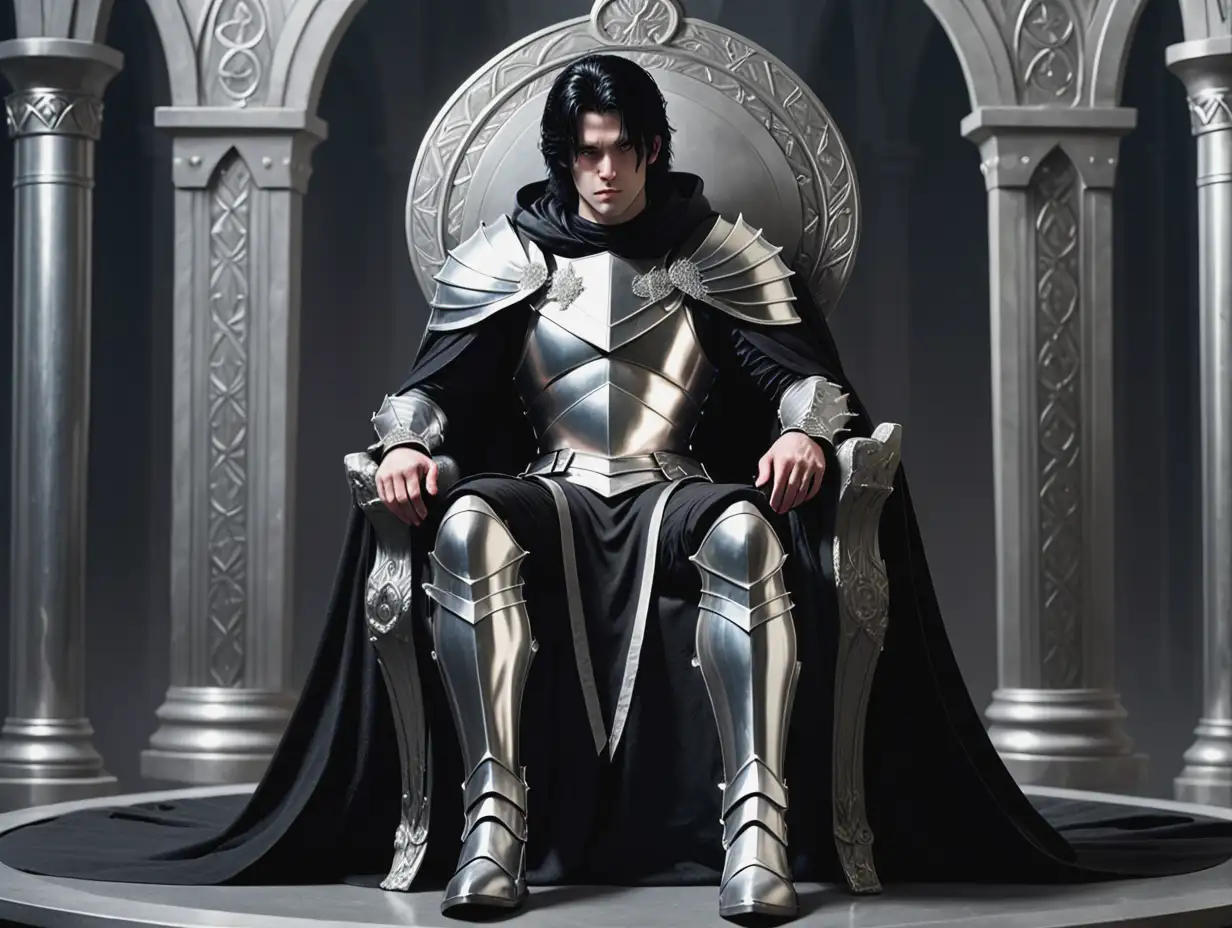 Male-Warrior-in-Silver-Armor-Sitting-on-a-Throne-with-Black-Cloak-and-Circlet