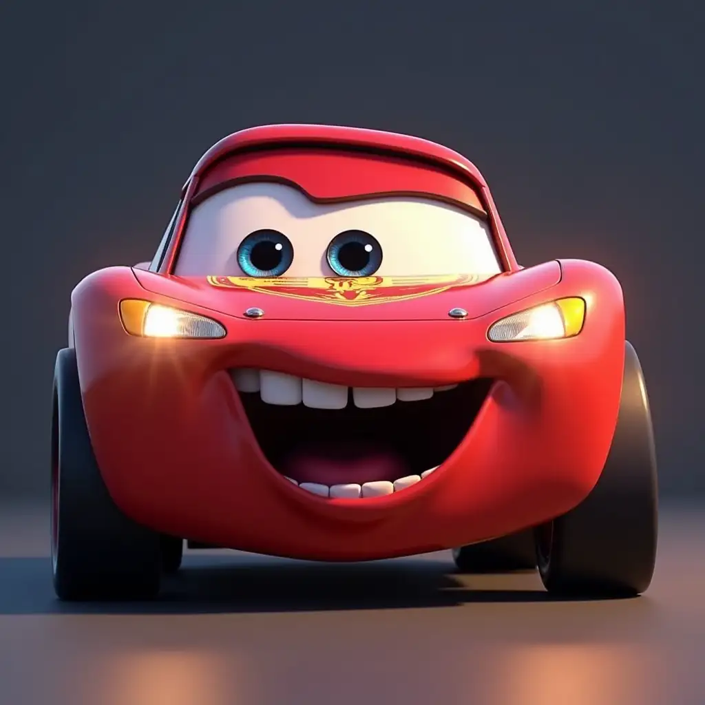 Doc hudson McQueen Pixar animated racing car with big expressive eyes and an open shocked mouth. The car has a front face design, with large front wheels, glowing headlights, and a shiny body