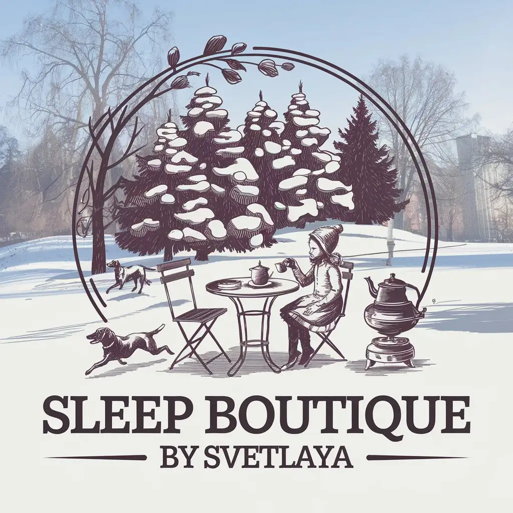 LOGO-Design-for-Sleep-Boutique-by-Svetlaya-Winter-Wonderland-with-Tea-and-Canine-Companions