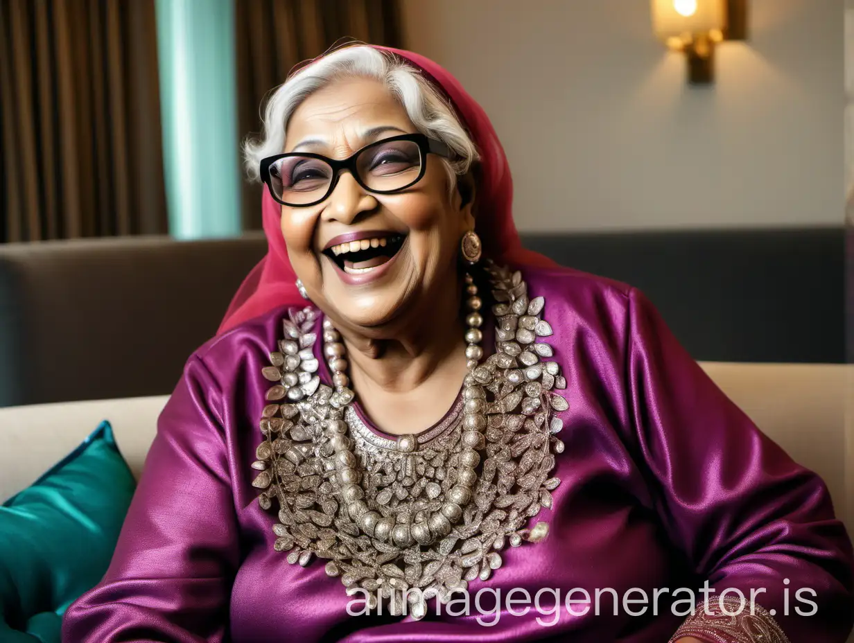 an Bangladeshi Muslim fat mature curvy woman with spectacles, with makeup having age 77 years old ,wearing ornaments , she is happy and laughing, sitting on a big sofa ,in a luxurious hotel