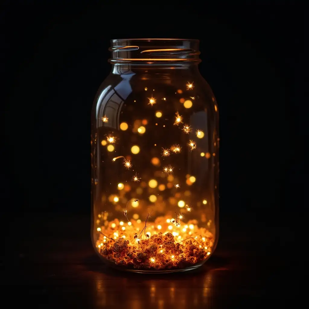 Fireflies glowing in a large jar