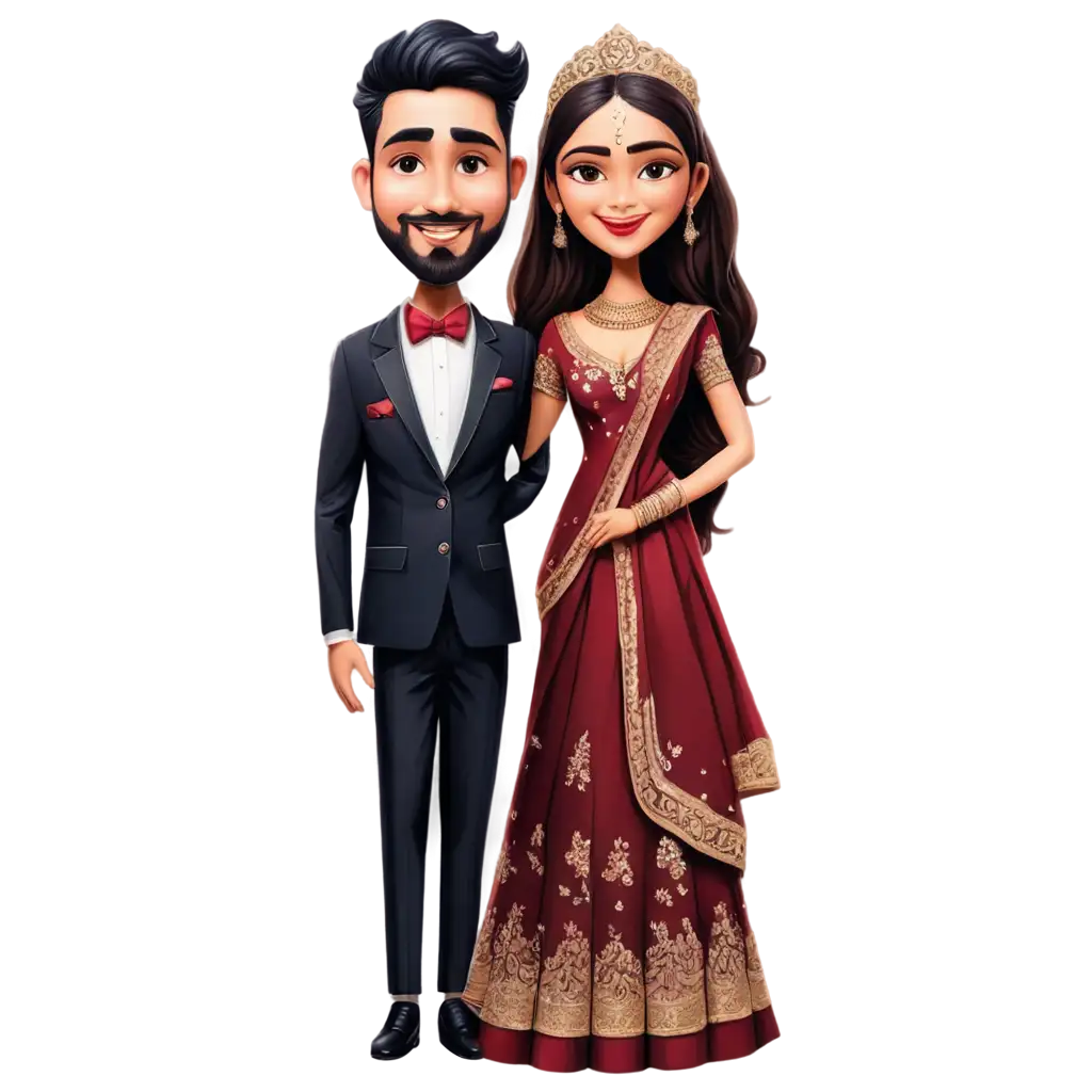 Indian-Hindu-Wedding-Caricature-PNG-Bride-and-Groom-in-Black-Tuxedo-Suit-and-Maroon-Lehenga