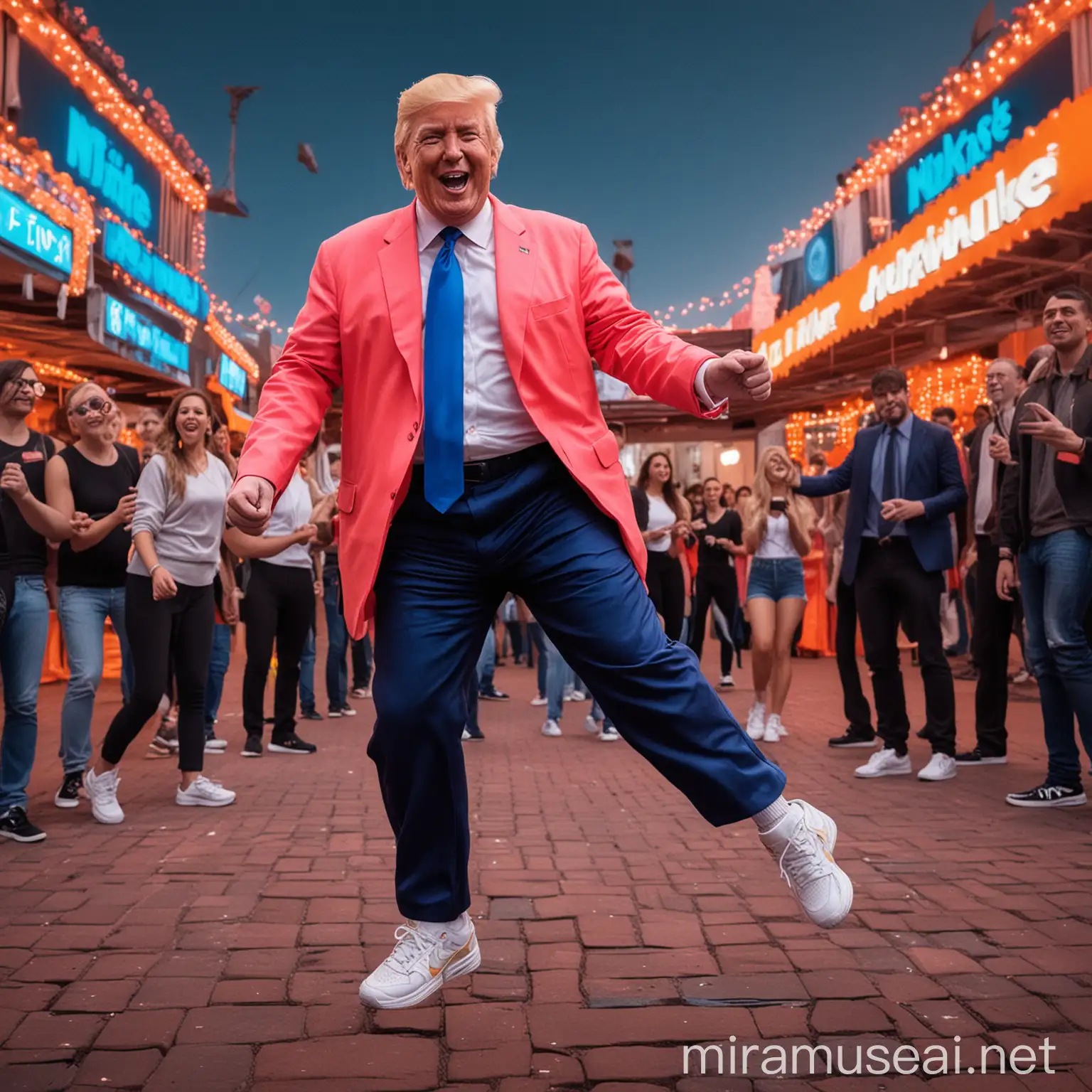 Dancing Donald Trump Celebrating Bitcoin in a Neon Plaza