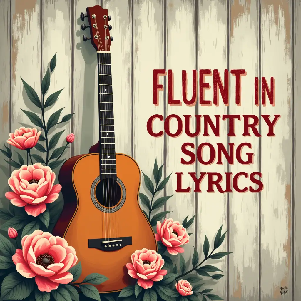 Vector illustration. Create an image featuring a vintage acoustic guitar surrounded by pastel-colored flowers on a rustic wooden background, with a detailed image style. Rustic wooden flowers background. The guitar has the text 'FLUENT IN COUNTRY SONG LYRICS' in bold, right it. oil painting style