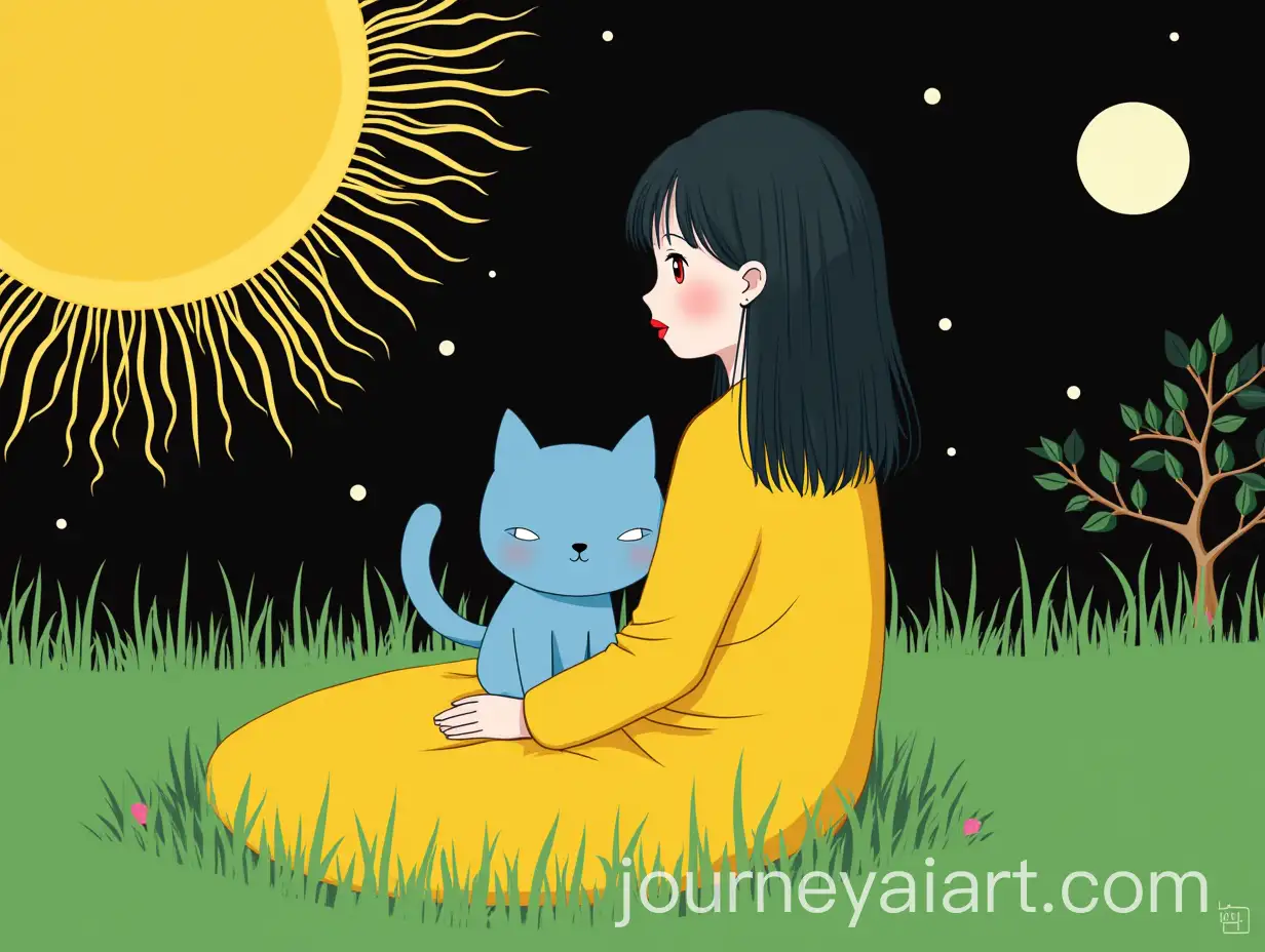 Korean-Girl-with-Blue-Cat-in-Yellow-Dress-Sun-and-Moon-Background