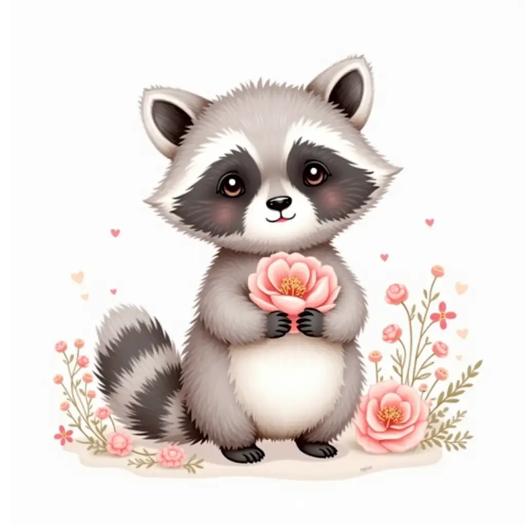 Adorable Watercolor Raccoon with Flowers