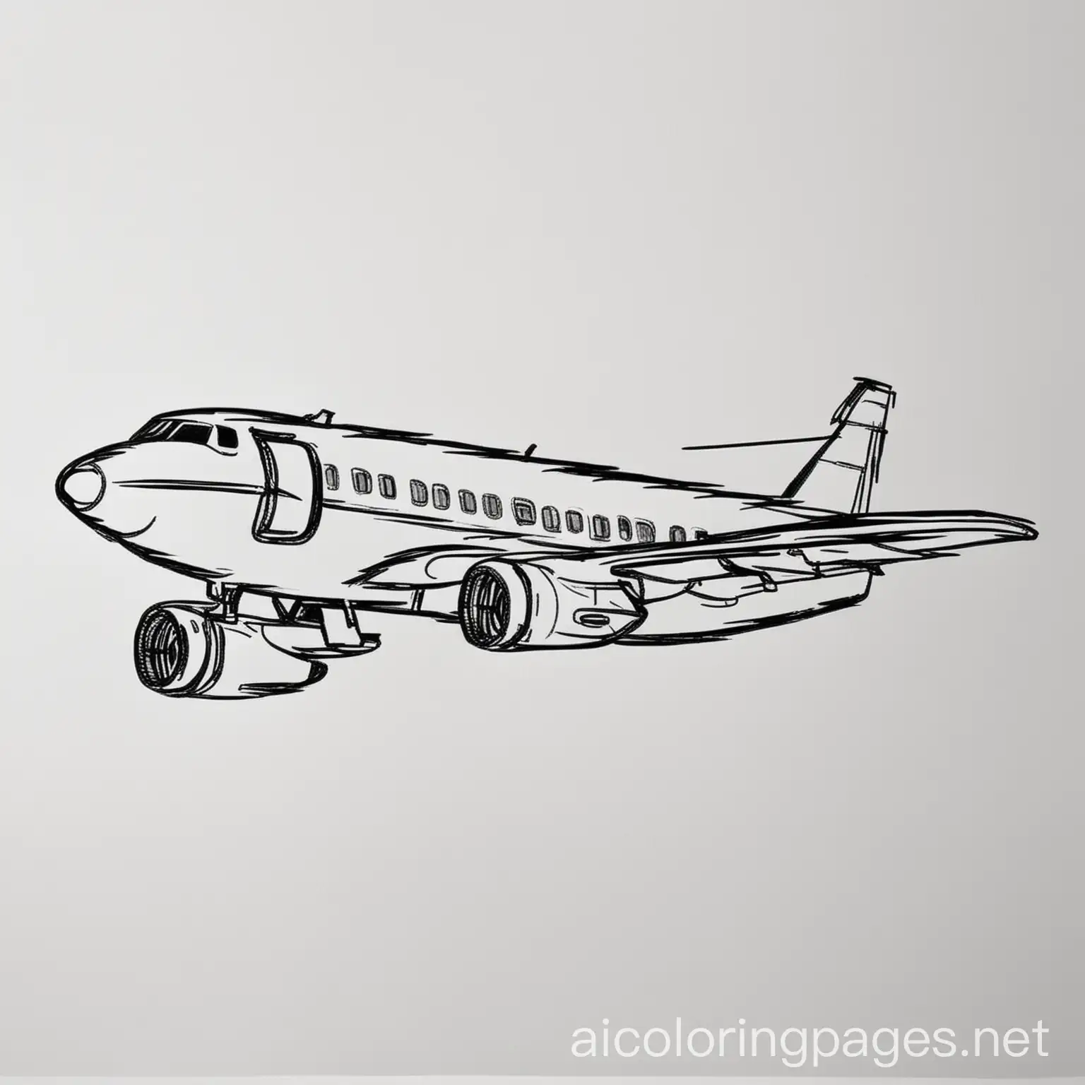 aeroplane with white backtround, Coloring Page, black and white, line art, white background, Simplicity, Ample White Space. The background of the coloring page is plain white to make it easy for young children to color within the lines. The outlines of all the subjects are easy to distinguish, making it simple for kids to color without too much difficulty