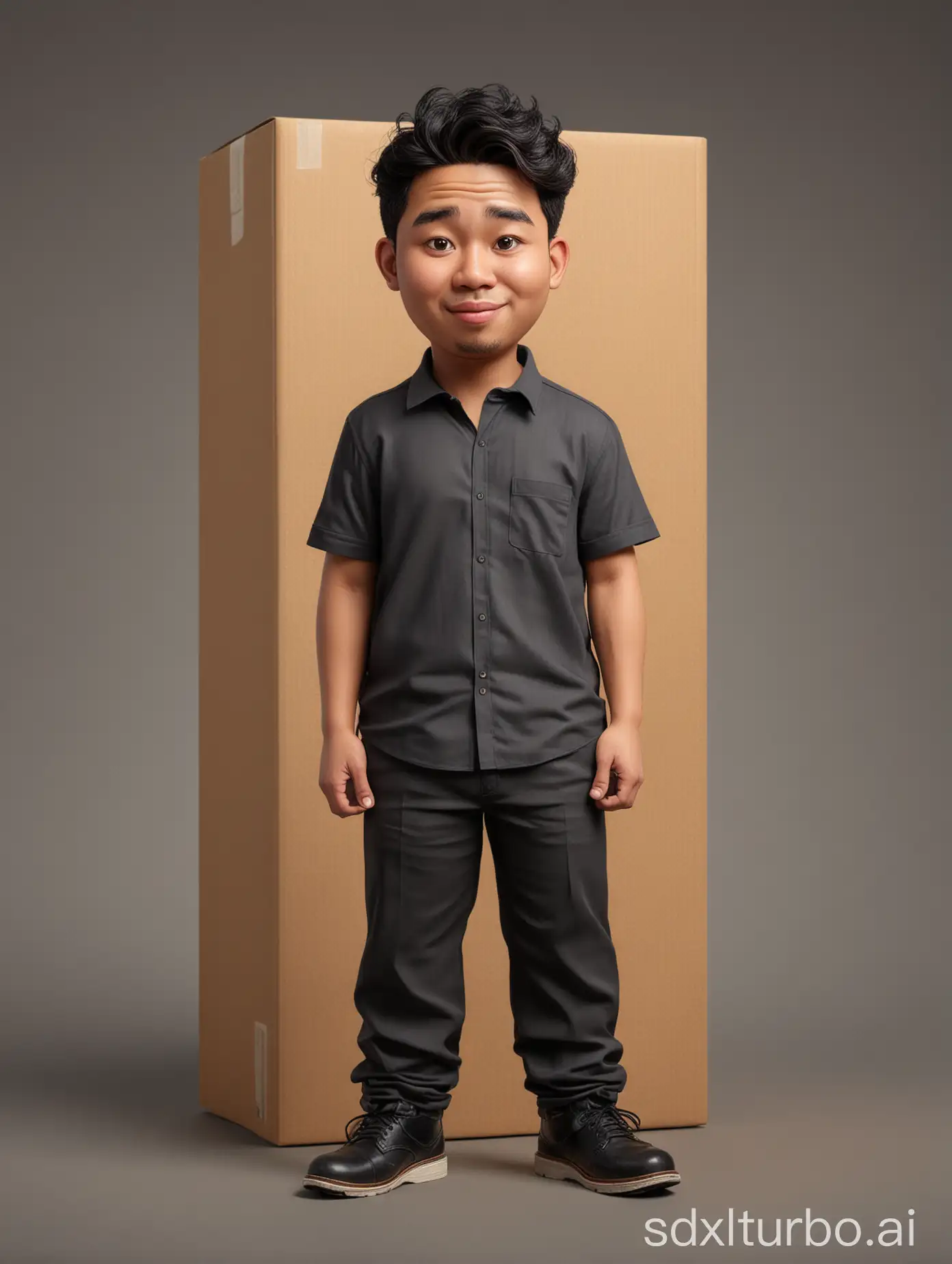 4d caricature of 26 year old Indonesian man, round face, chubby, short wavy hair, wearing a shirt and black trousers. Wear black shoes. with brown box packaging. big head, realistic