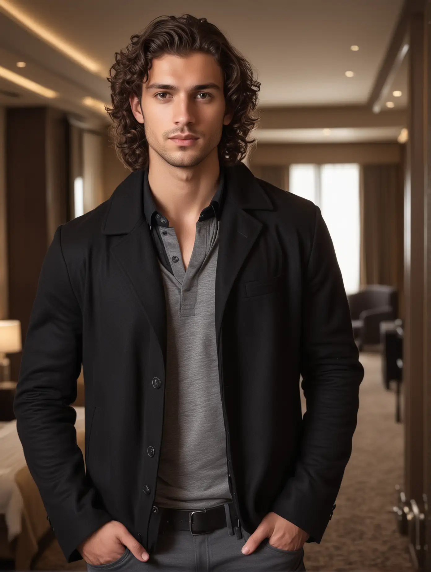 Handsome-Young-Man-in-Dark-Jacket-Standing-in-a-Cozy-Hotel-Room