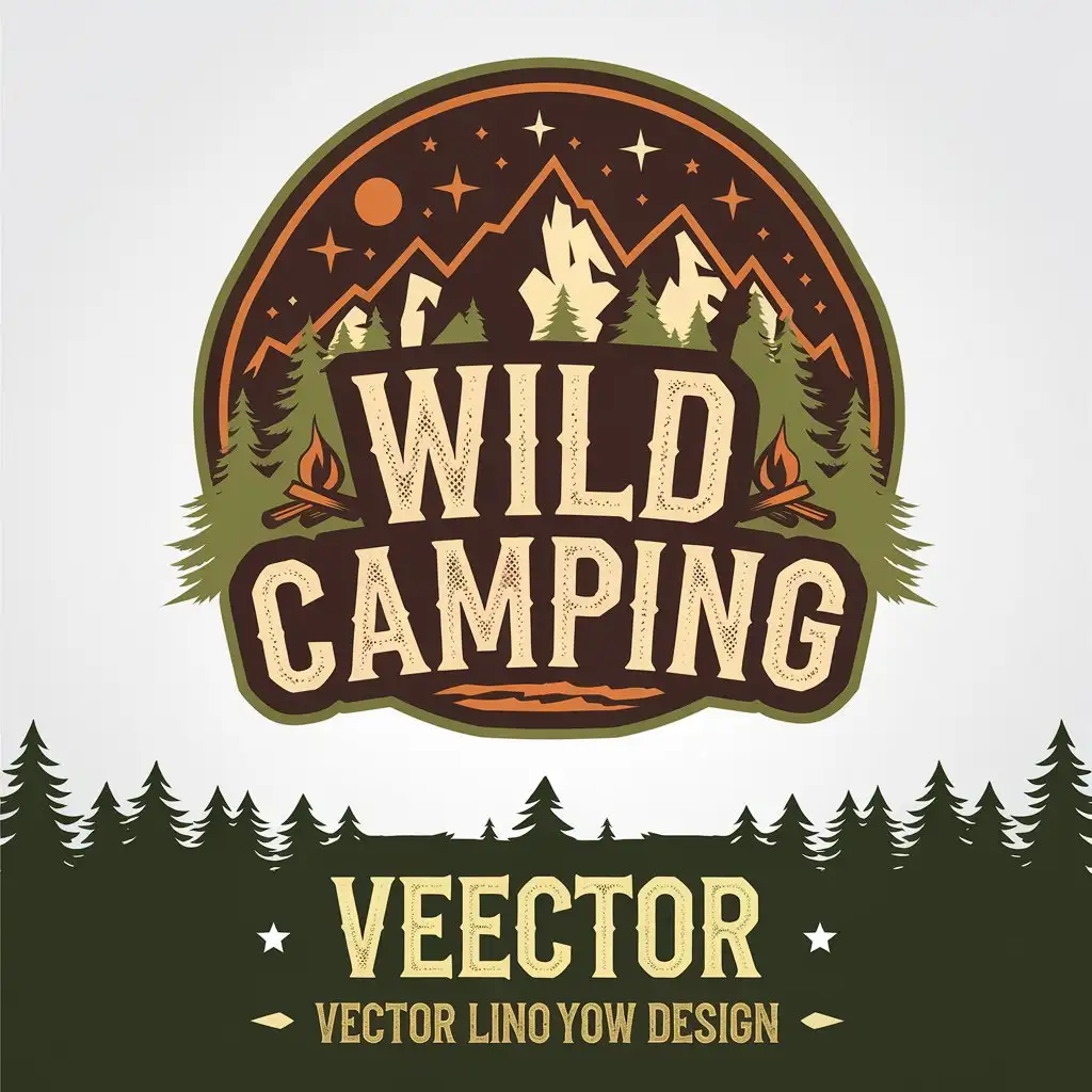 LOGO Design for Wild Camping Mountain Range Pine Trees Campfire with Rustic Typography