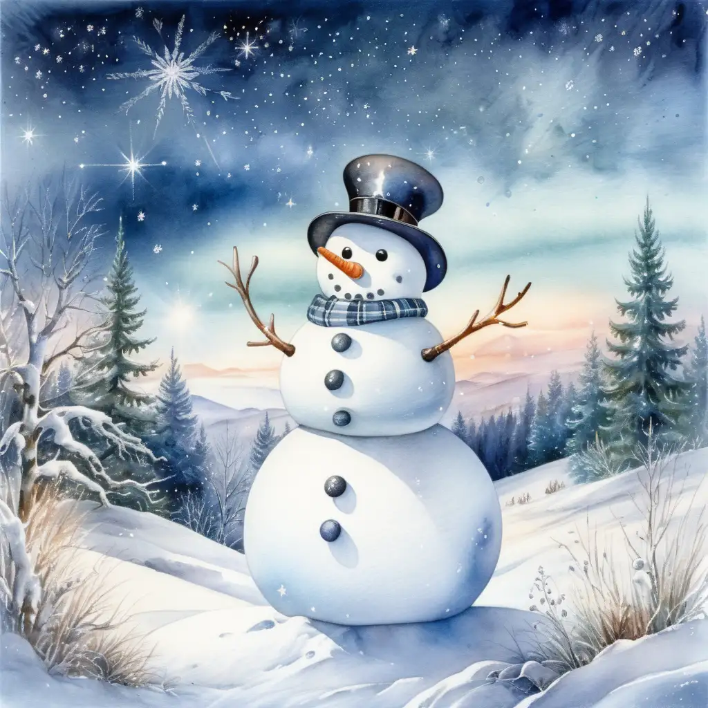 Glistening Snowman in a Winter Landscape with Twinkling Stars