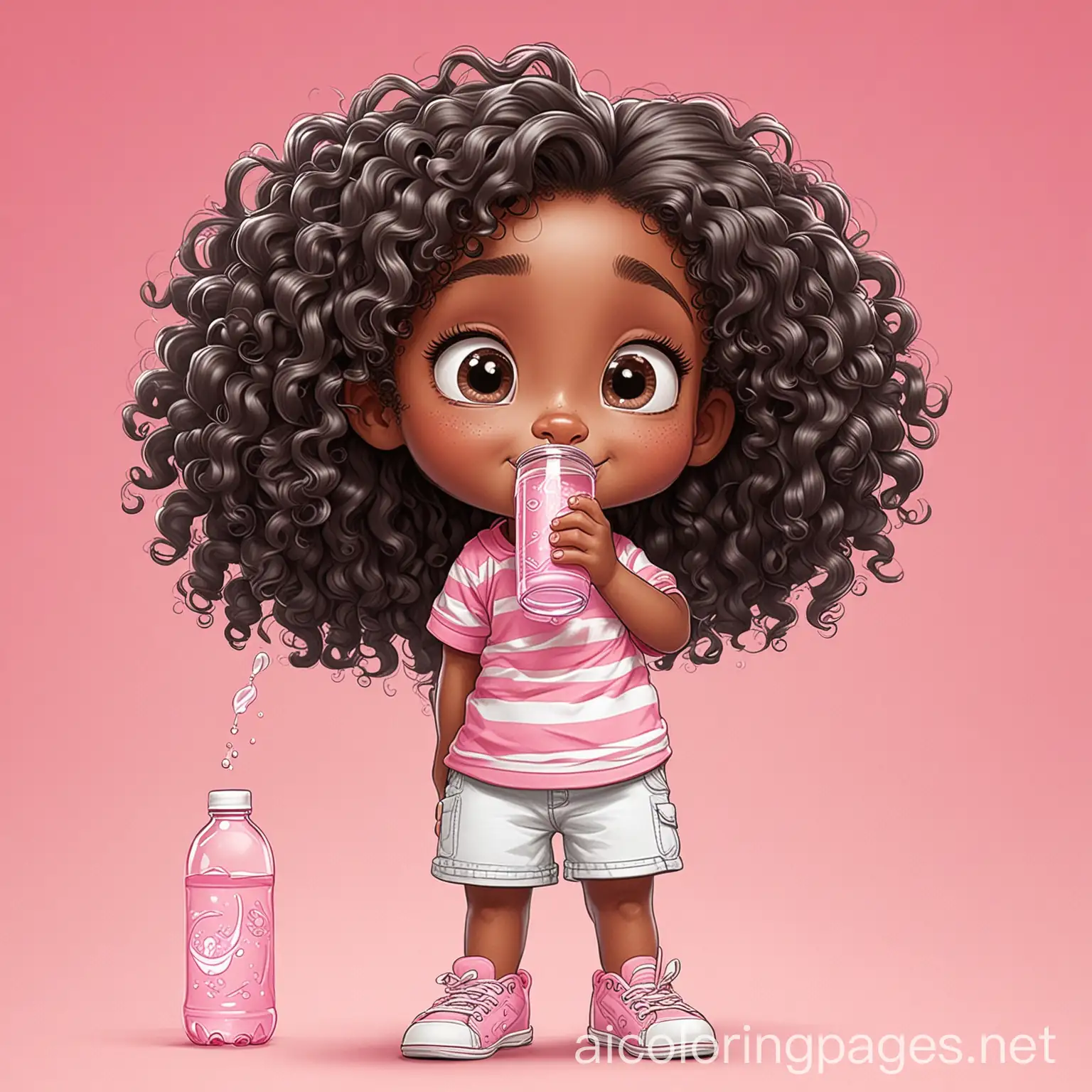 African-American-Girl-with-Long-Curly-Hair-Drinking-Water-from-Pink-Bottle