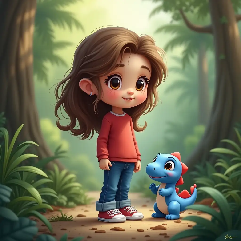 An 8 year old girl that wears blue jeans, red shirt, white sneakers, brown hair. See a blue baby Dinasour in jungle.