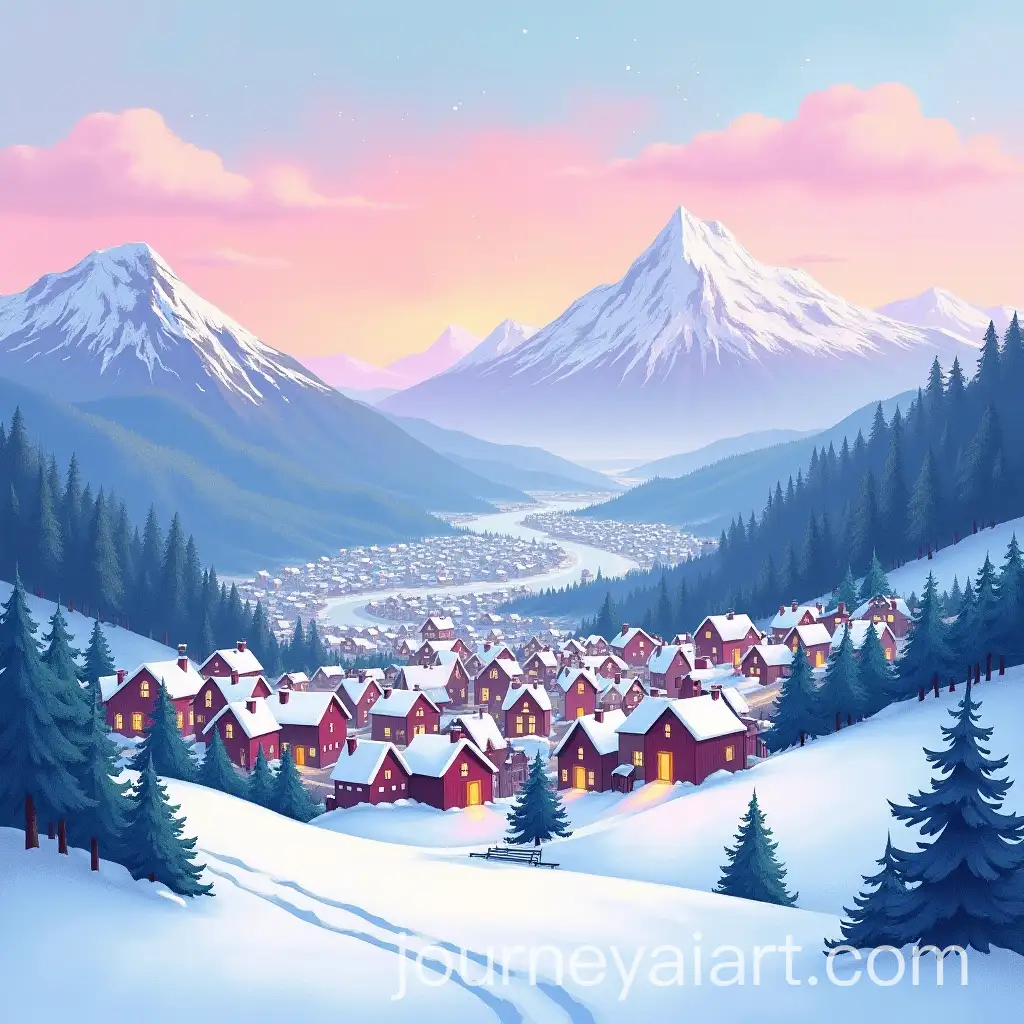 Panoramic-Snowy-Mountain-Town-with-Vibrant-Colors