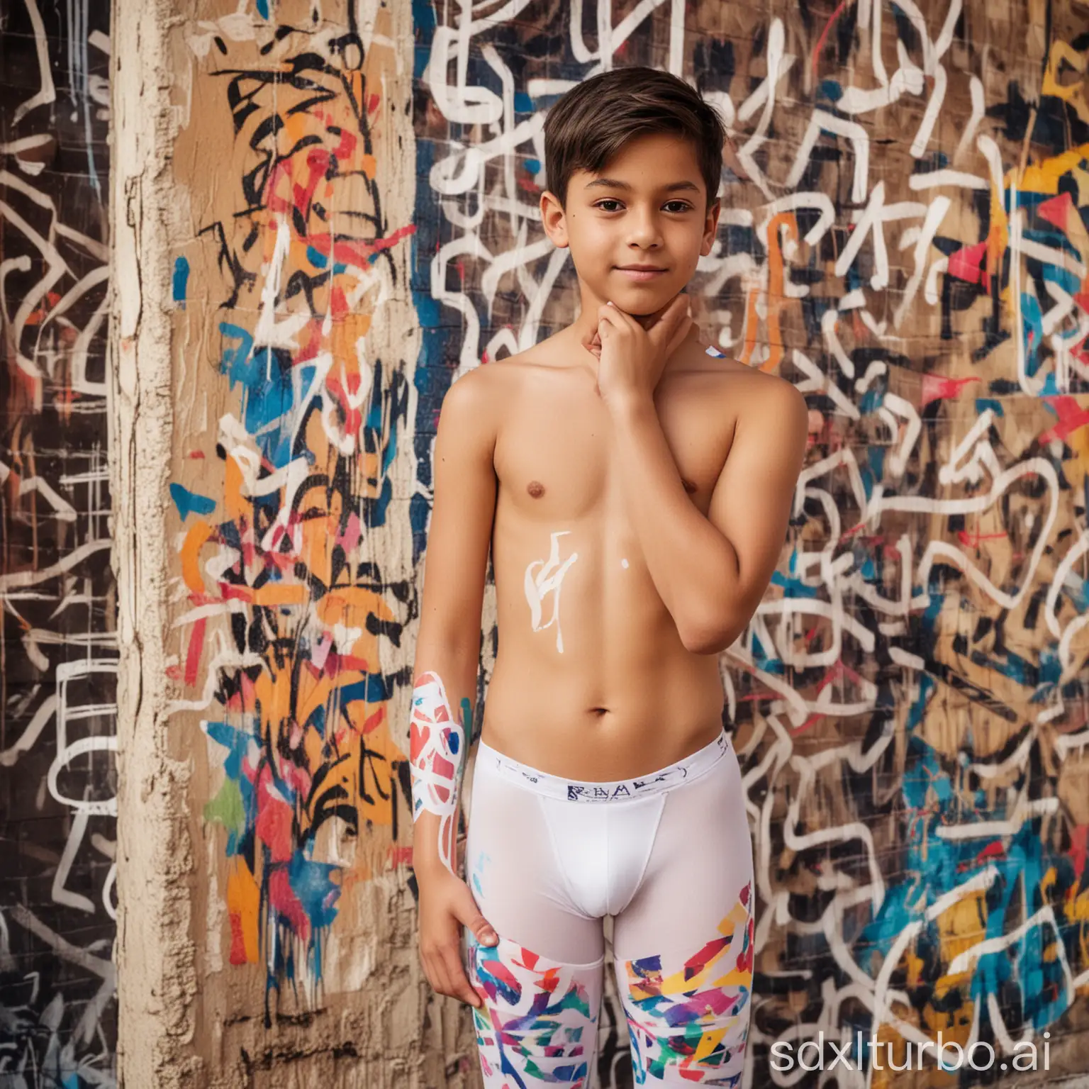 Young-Boy-in-Sheer-Tights-Standing-Against-Colorful-Graffiti-Background