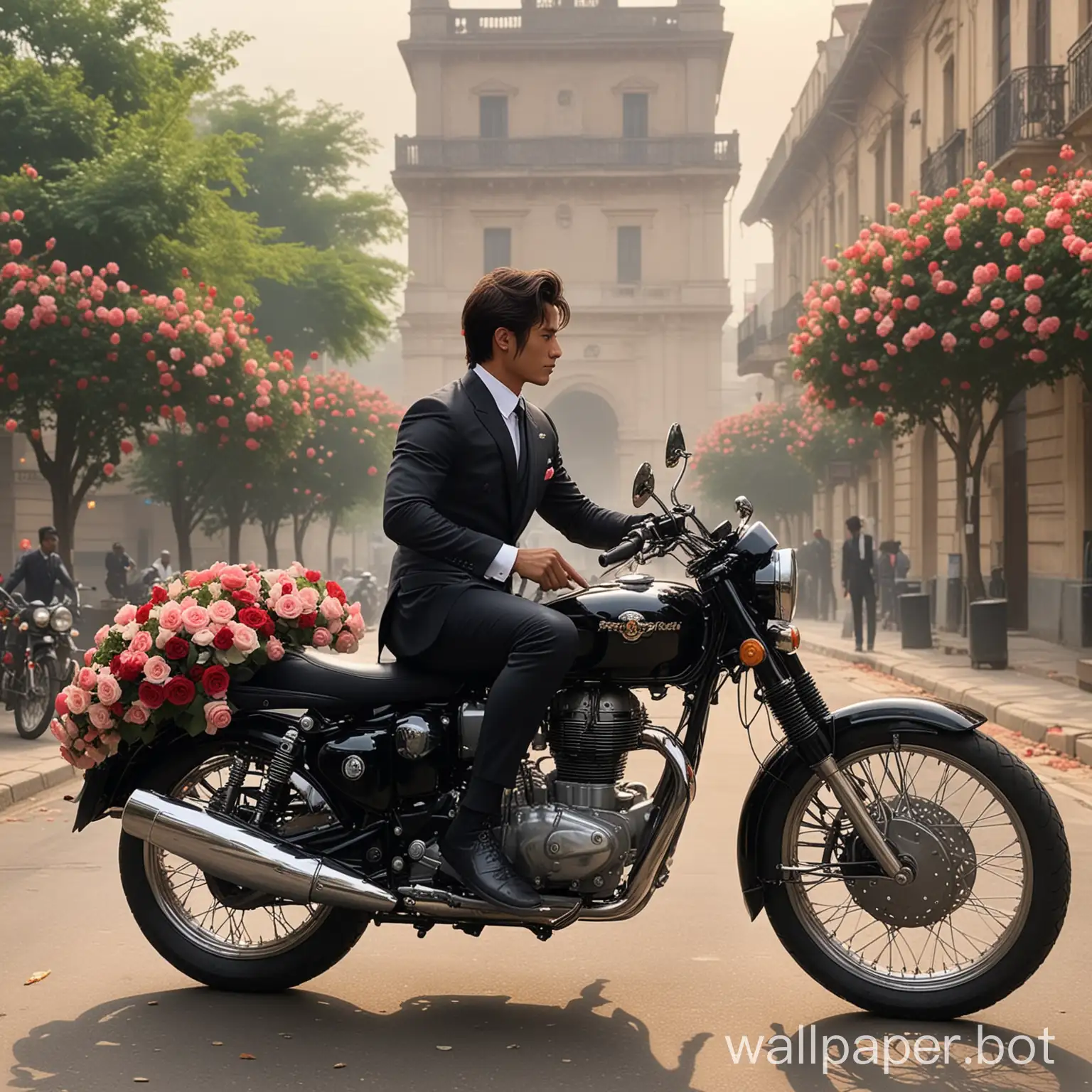 RoronoaZoro in  formal classic  suit with roses going for date on royal enfield bike and everyone notice her and american rode lighting area large buildings 