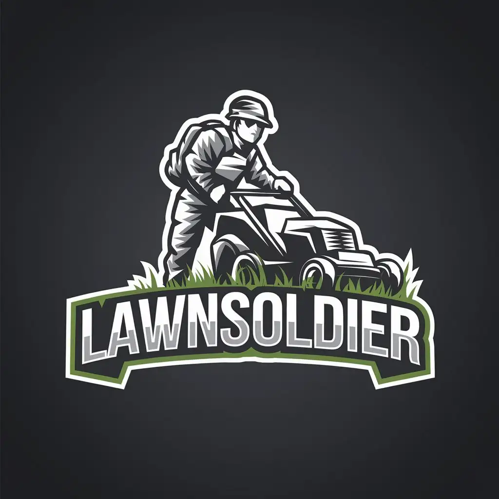 LOGO Design for LawnSoldier Modern Soldier Mascot with Lawn Mower and Grass Cutting Theme