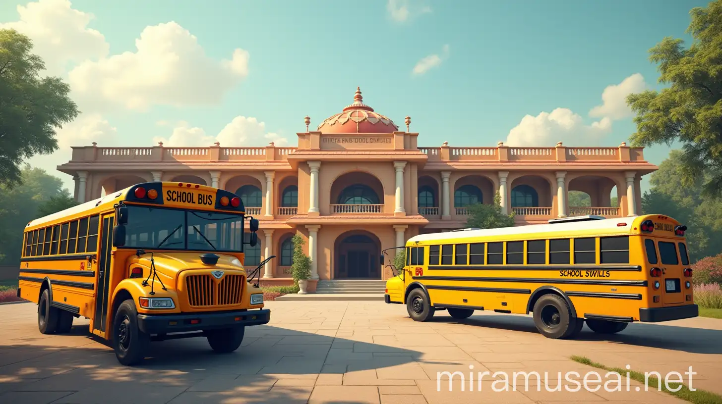 Hyper Realistic Indian School Building with Parked School Bus