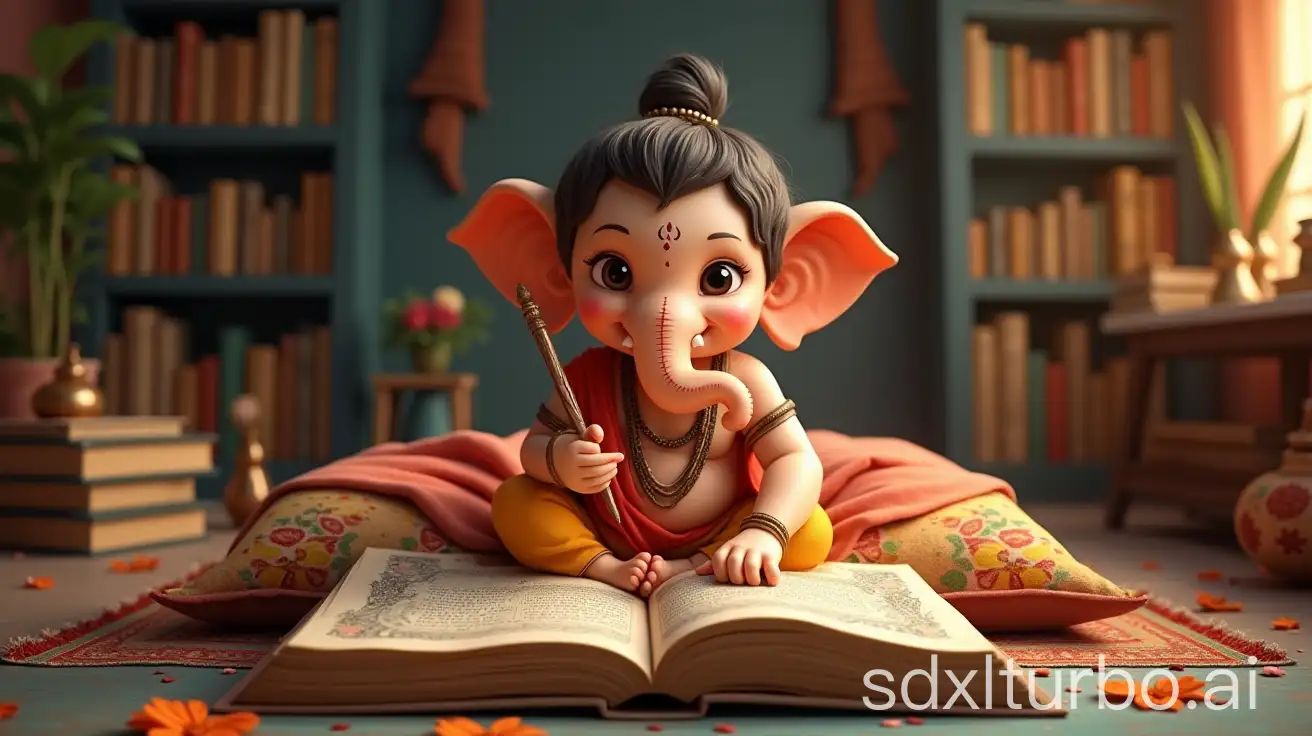 Young-Lord-Ganesha-Writing-with-Quill-in-Colorful-Room