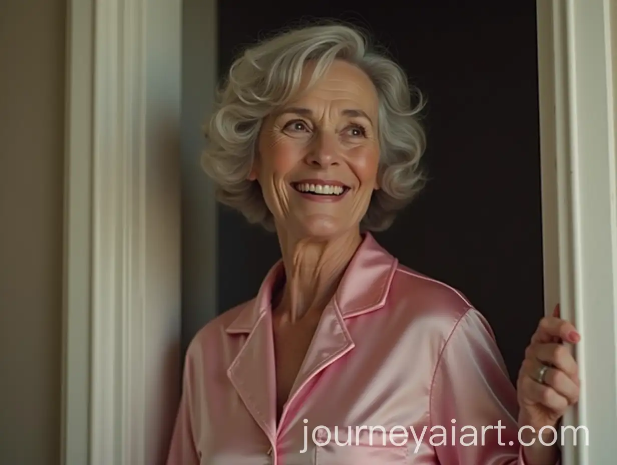 60YearOld-Woman-in-Pink-Silk-Pajamas-Smiling-and-Holding-the-Door-Open