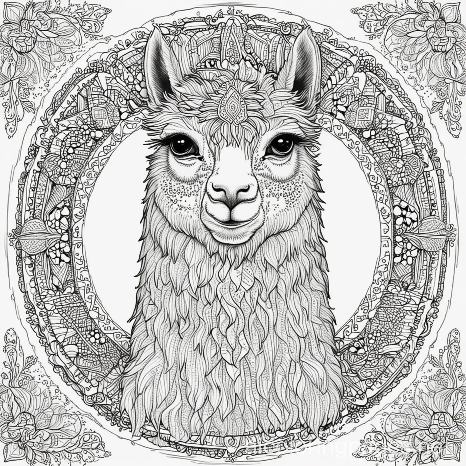 Mandala-Llama-Coloring-Page-with-Vivid-Patterns-and-Ample-White-Space