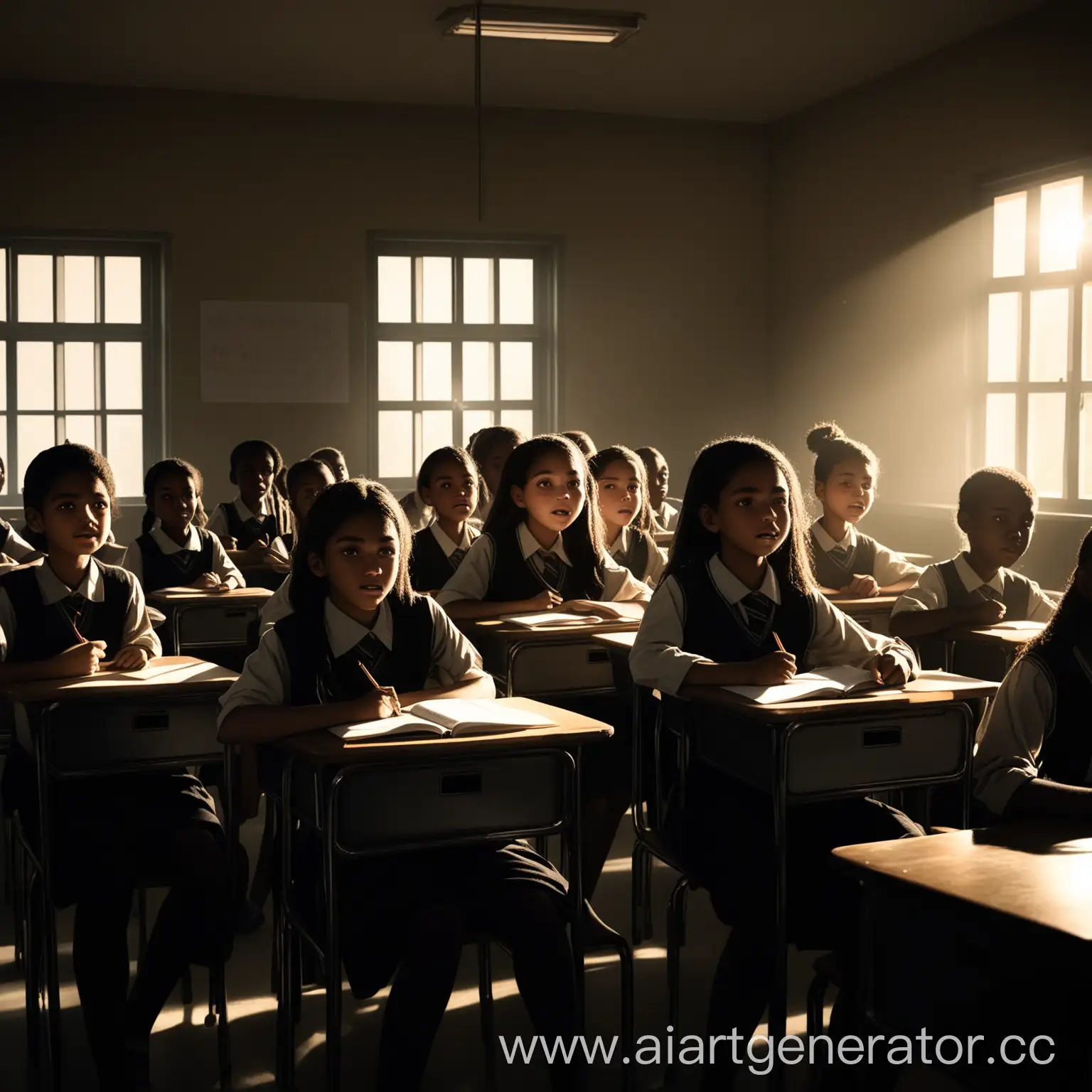 Group-of-Students-in-Dimly-Lit-Classroom-with-Oppressive-Yet-Positive-Atmosphere