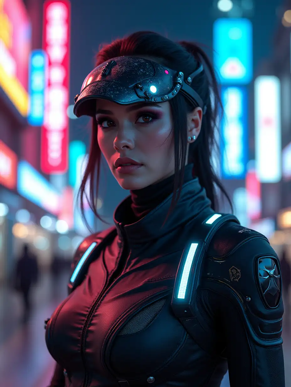 A portrait of a woman wearing an intricate cyberpunk costume with glowing neon accents, featuring a high-tech visor and mechanical details. She stands against a futuristic cityscape at night, illuminated by vibrant neon lights and holographic billboards. Ultra-detailed, cinematic lighting, 8K resolution, and photorealistic textures.