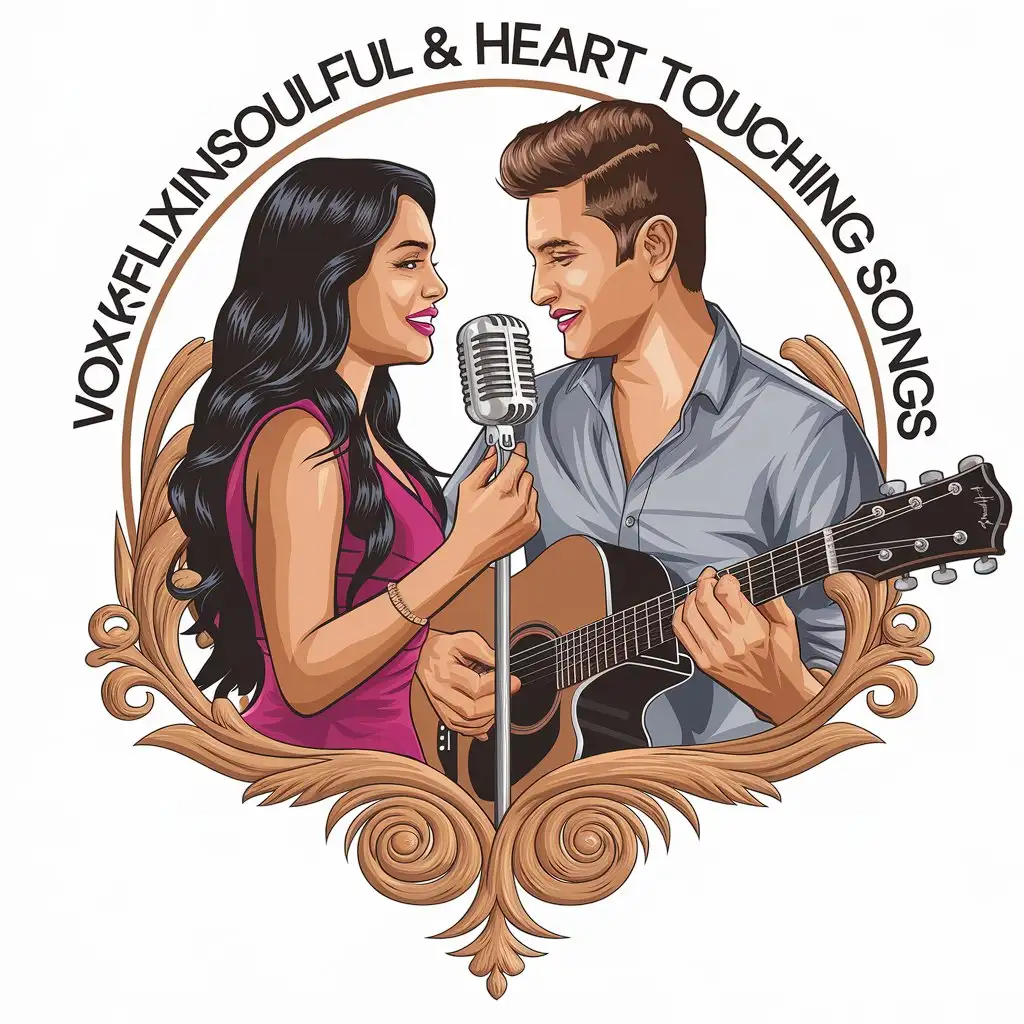 LOGO Design for VOXIFLIXnSOULFUL HEART TOUCHING SONGS Woman Singing and Man Playing Guitar with Smiling Interaction