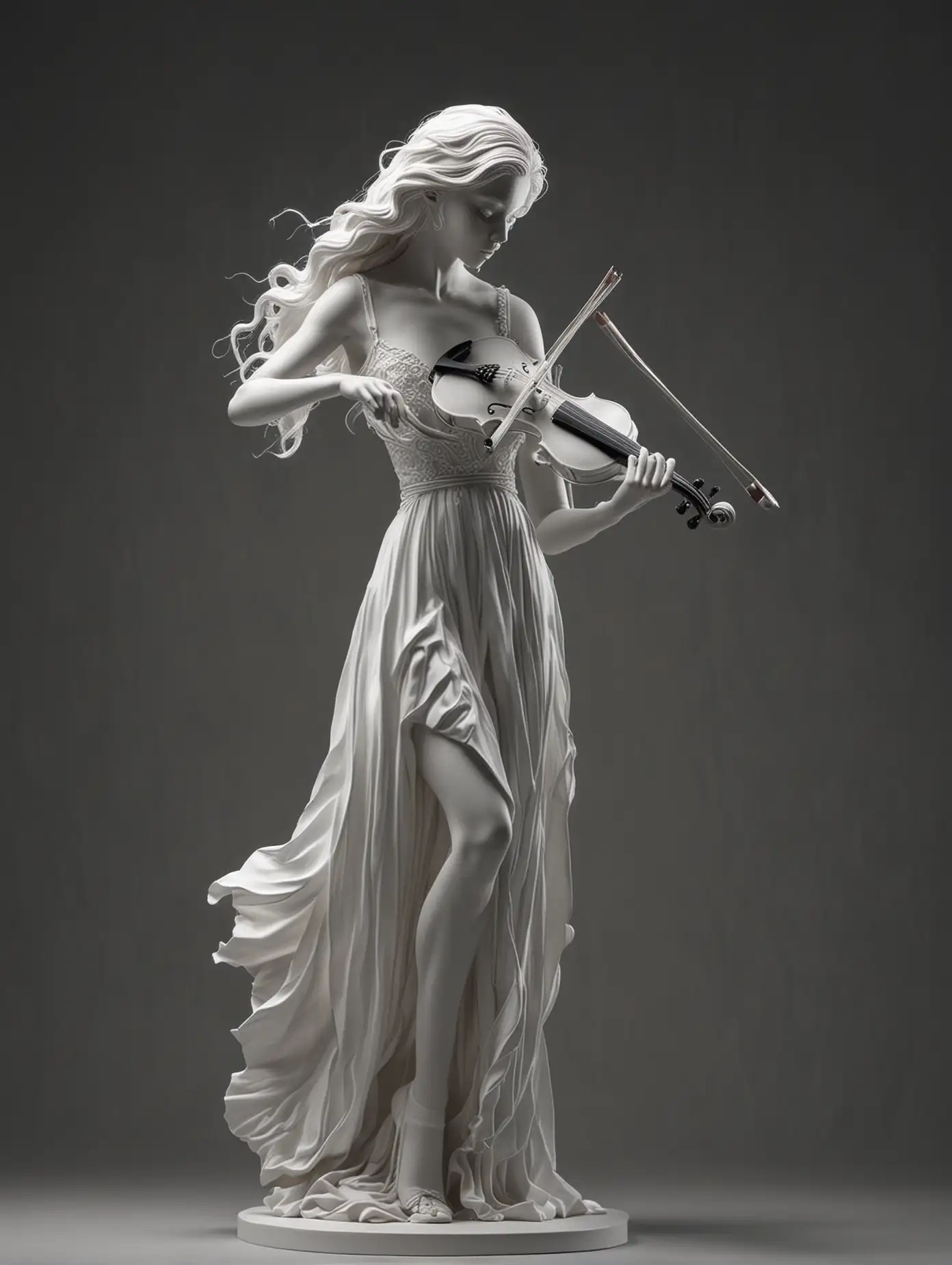 Elegant White Sculpture of a Girl Playing Violin in Black Background