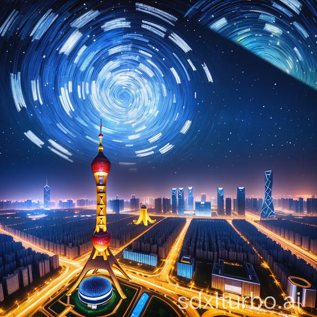 Starry-Sky-with-Spinning-Stars-and-Beijings-CCTV-Building-Skyline