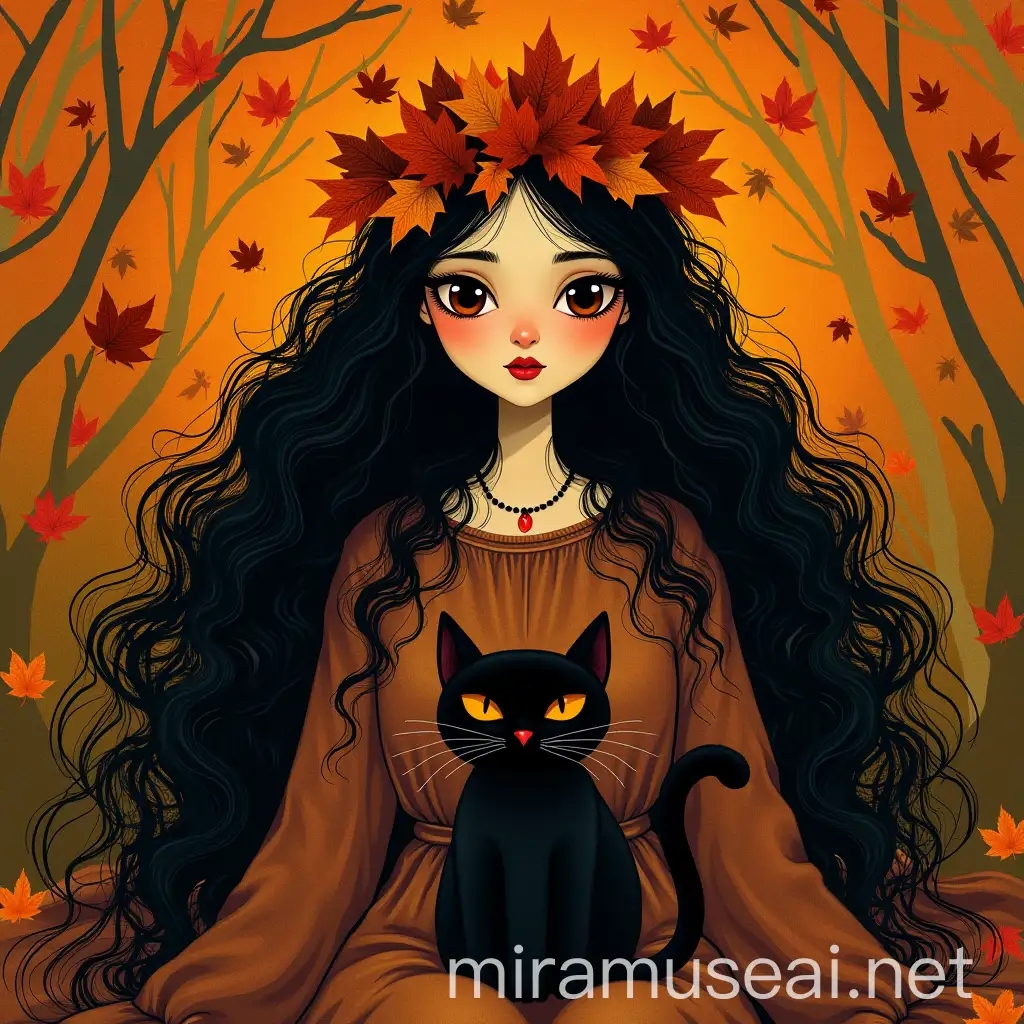 Autumn Queen with Long Curly Black Hair and Black Cat