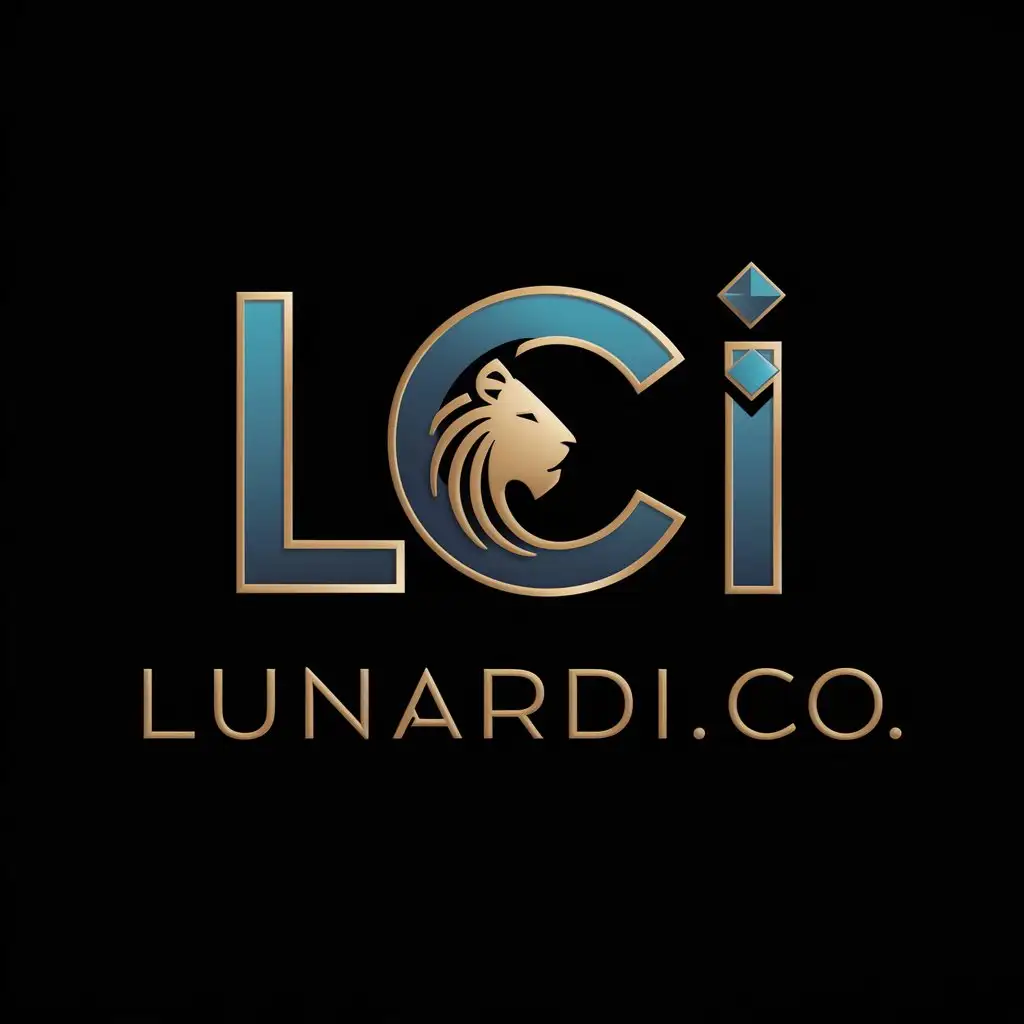 LOGO Design For Lunardico Modern Metallic Blue Gold with Stylized Lion Head and Crescent Moon