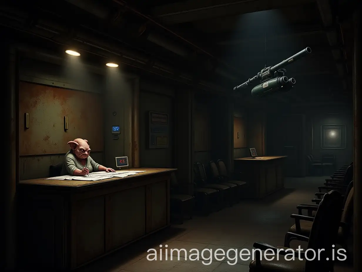 Futuristic-Dark-Room-with-Alien-Clerk-and-Security-Turret