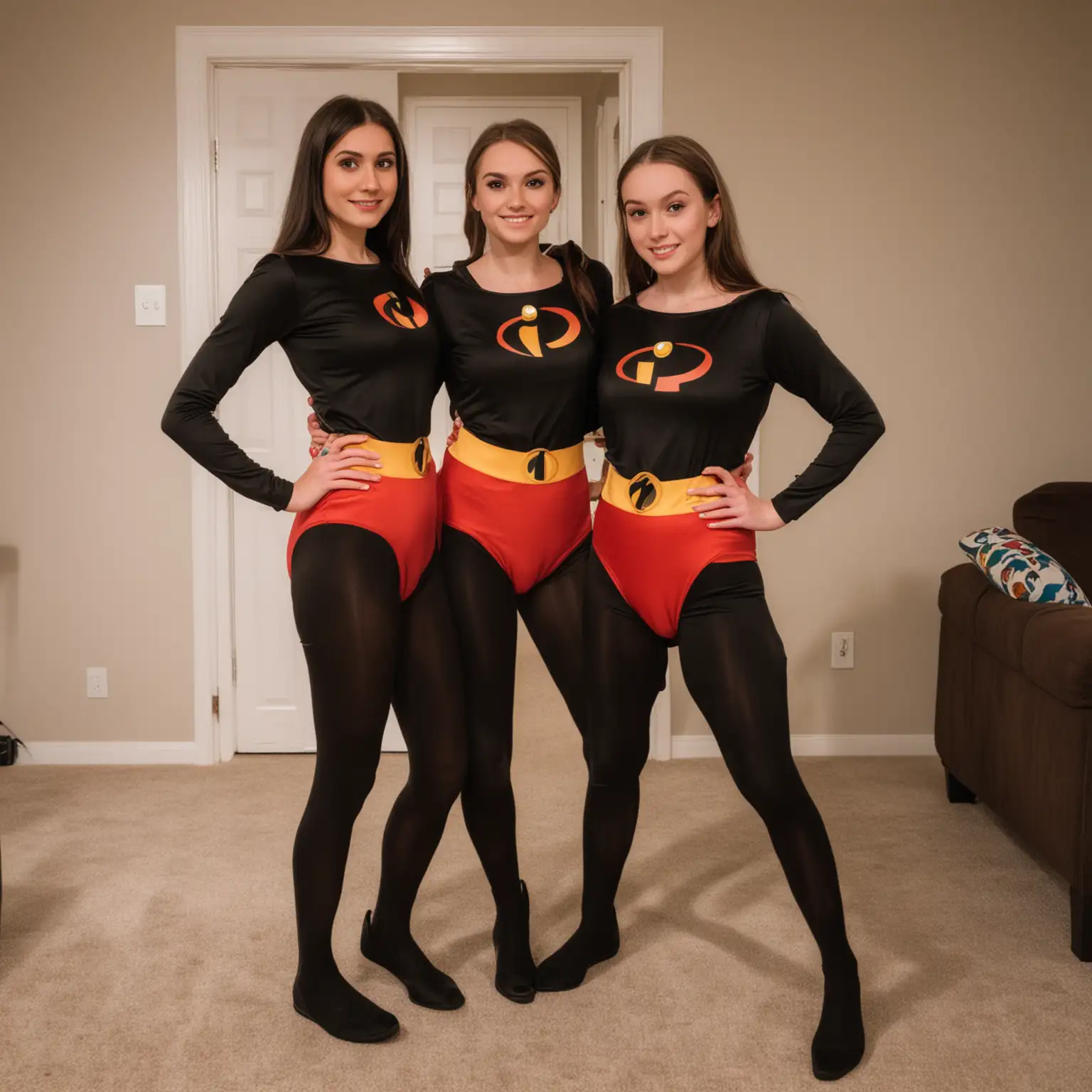 Three-Tall-High-School-Women-in-Incredibles-Costumes-Standing-in-a-Home