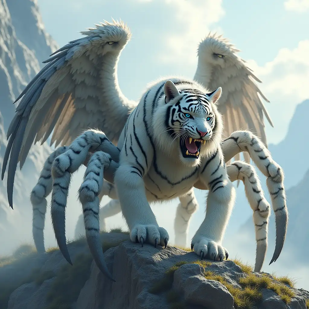 Create a realistic image of an imposing hybrid creature, standing on a rugged mountain peak. This formidable being has the body of a large spider, with eight powerful legs covered in a mix of white and gray fur, reflecting the majestic qualities of a white tiger. Its head resembles that of a fierce white tiger, complete with piercing blue eyes, sharp fangs, and distinctive black stripes, radiating an aura of aggression. Sprouting from its back are large, powerful eagle wings, fully extended and displaying intricate feather patterns that shimmer in the sunlight. The creature stands confidently on the rocky outcrop, its legs poised for action, with a backdrop of dramatic cliffs and a cloudy sky, emphasizing its dominance in this wild landscape. The atmosphere should convey a sense of tension, as if this hybrid is ready to defend its territory, with hints of mist swirling around its legs, enhancing the mystique of this extraordinary being.