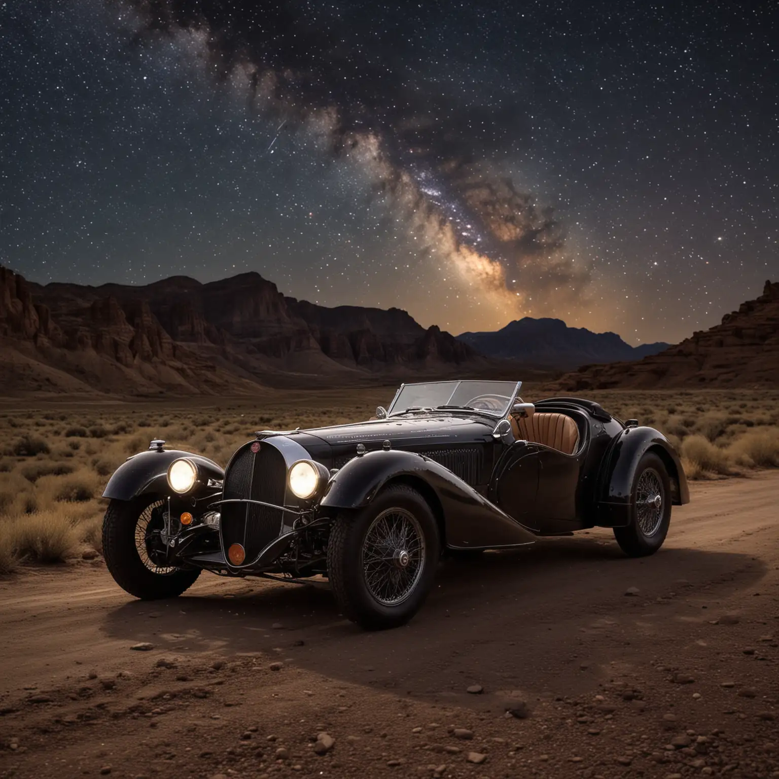 1937-Bugatti-Roadster-Under-a-Meteor-Shower-in-a-SciFi-Setting-with-Futuristic-People