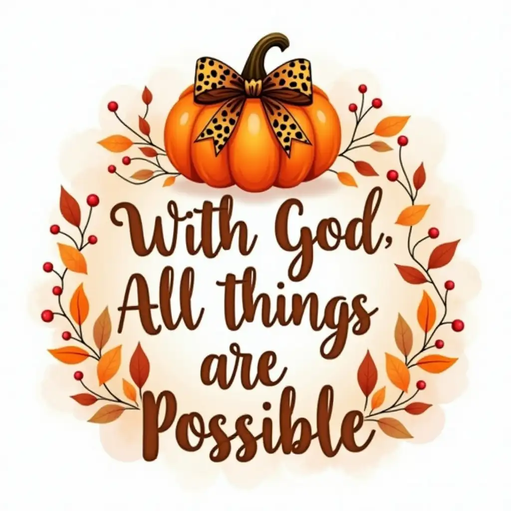 Create a 3D, watercolor-style image of the phrase 'With God, All Things Are Possible.' The words should be surrounded by a vibrant orange pumpkin adorned with a leopard print bow. Autumn leaves and berries should be scattered around, adding to the fall aesthetic. The image should have a soft, watercolor texture and a warm color palette. The text should be in bold, cursive script, with a slight dripping effect.