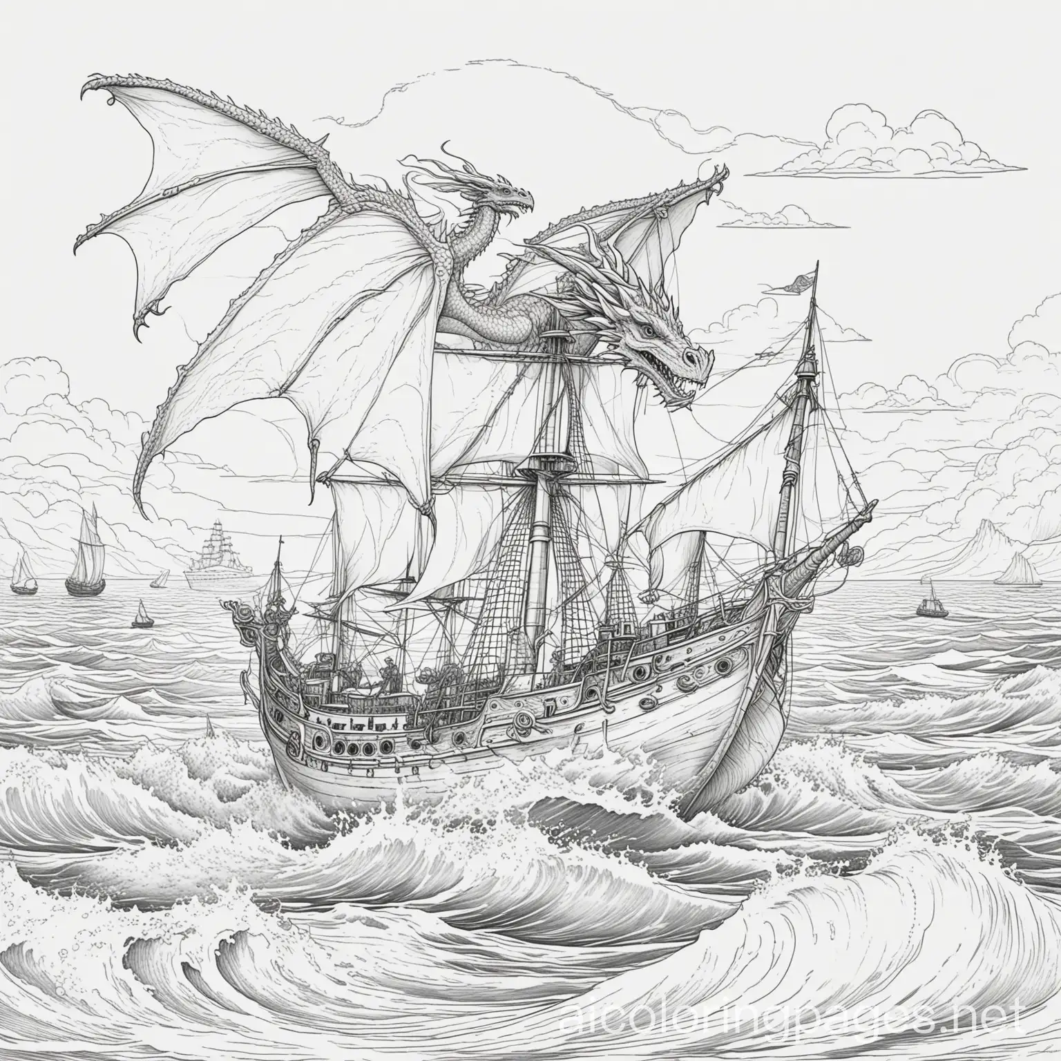 Dragon-Flying-Over-the-Sea-with-Ships-Coloring-Page