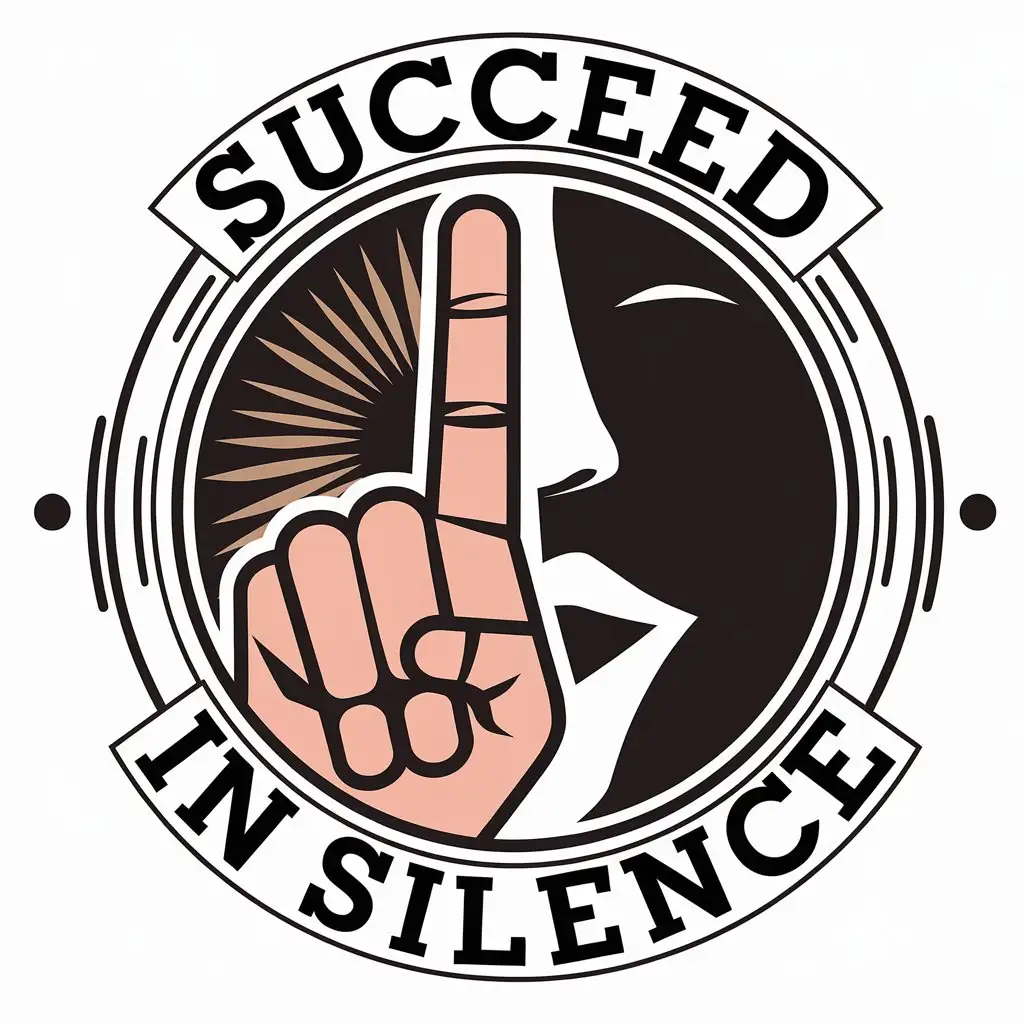 a vector logo design,with the text "Succeed in Silence", main symbol:Finger over lip half face with the hush gestured,complex,be used in Retail industry,clear background