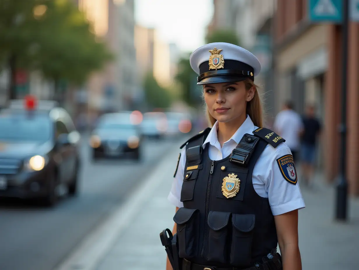 Beautiful policewoman patrolling a sidewalk in a busy street.