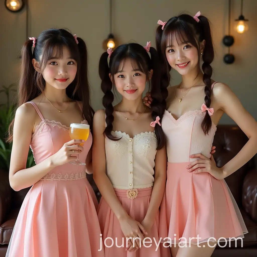 Three-Beautiful-Asian-Girls-at-a-Fun-Bachelorette-Party-with-Cute-Hairstyles-and-Dresses