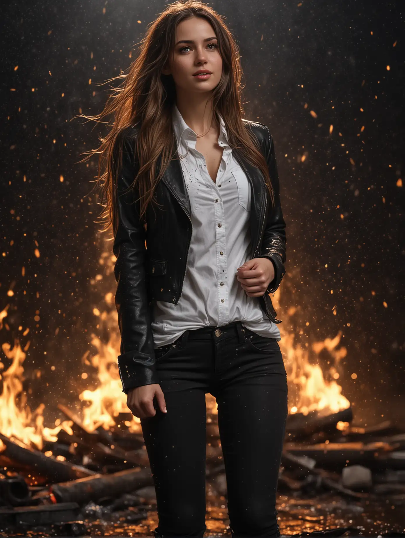 Person-in-Black-Jacket-with-Brunette-Hair-in-Front-of-Fire-and-Golden-Sparkling-Rain