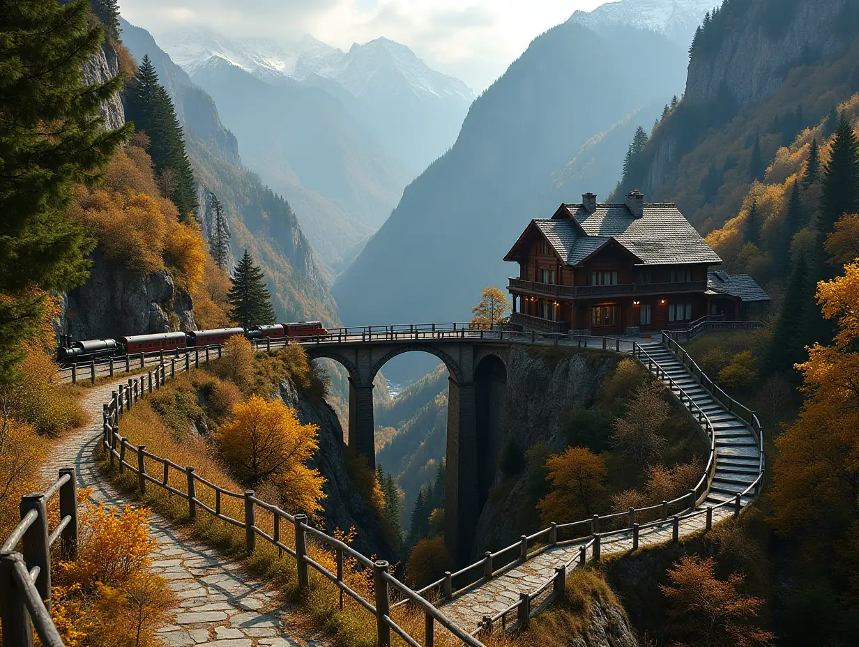 Golden-Autumn-Mountain-Valley-with-Steam-Train-and-Wooden-Chalet