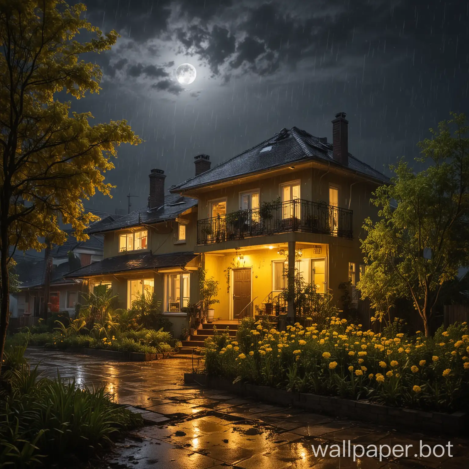 Moonlit-House-with-Yellow-Light-and-Surrounding-Trees