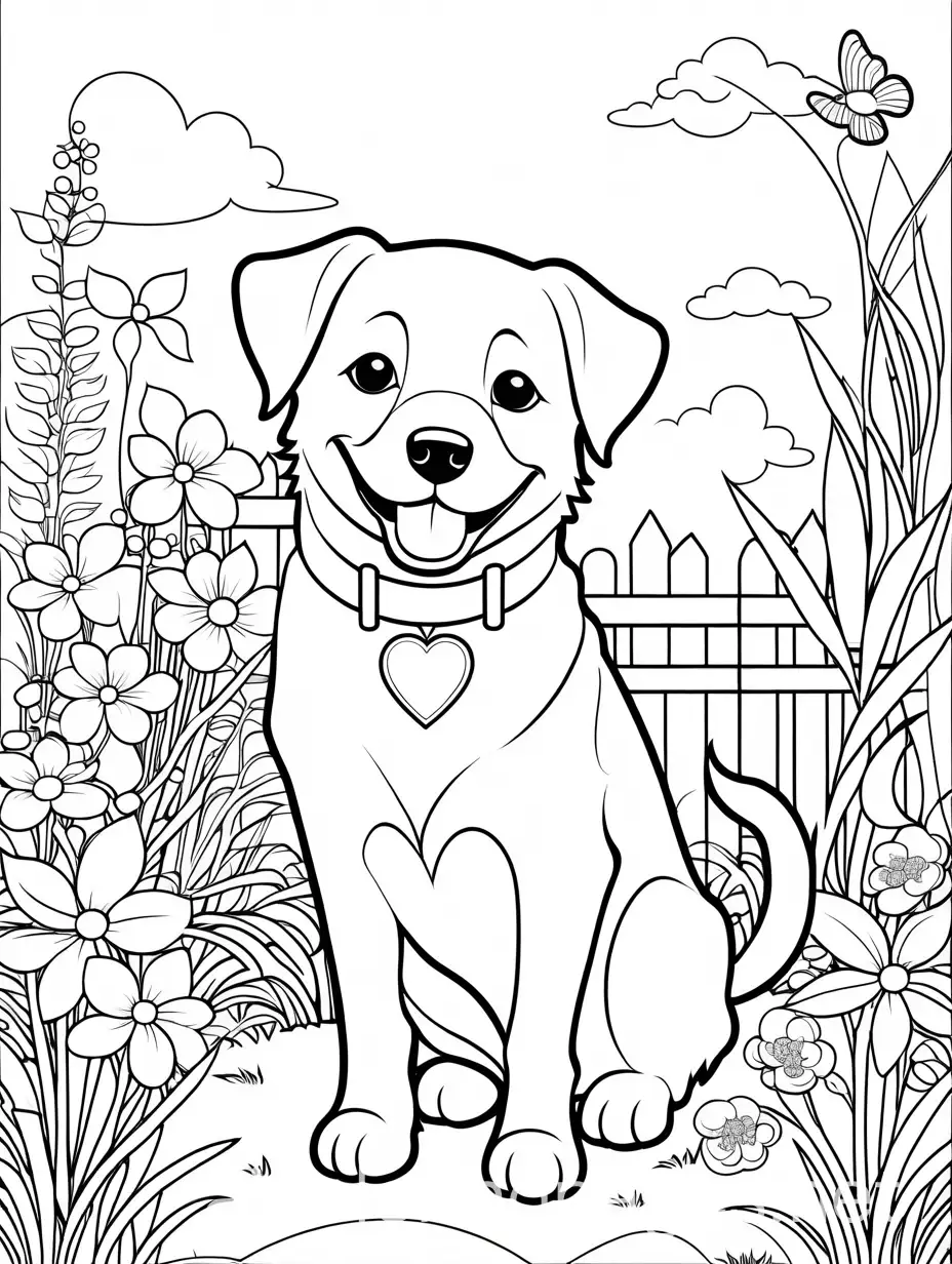 a happy dog in a garden black outlines bright colors, Coloring Page, black and white, line art, white background, Simplicity, Ample White Space. The background of the coloring page is plain white to make it easy for young children to color within the lines. The outlines of all the subjects are easy to distinguish, making it simple for kids to color without too much difficulty