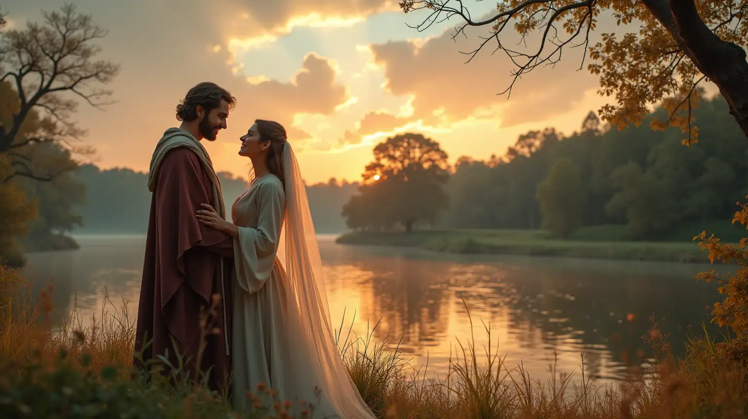 Newlywed Couple in Biblical Era Nature Scene with Lake and Sky