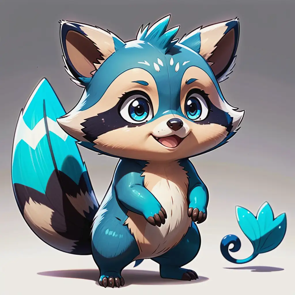 Cute Blue Raccoon with Fins in Anime Cartoon Style